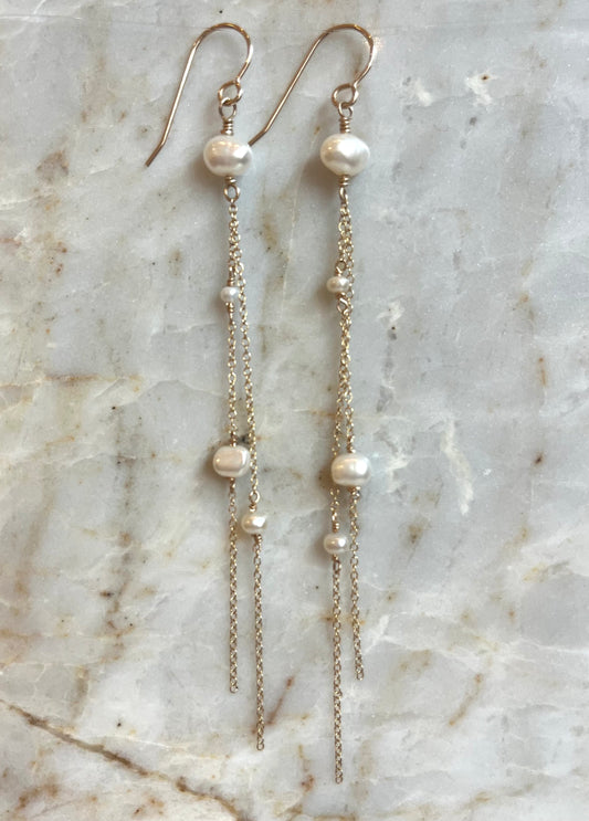 Long Whispers - Long Freshwater Pearl Nugget Earrings - 14KTGF - Handcrafted Sterling Silver Jewelry by Linda Blackbourn