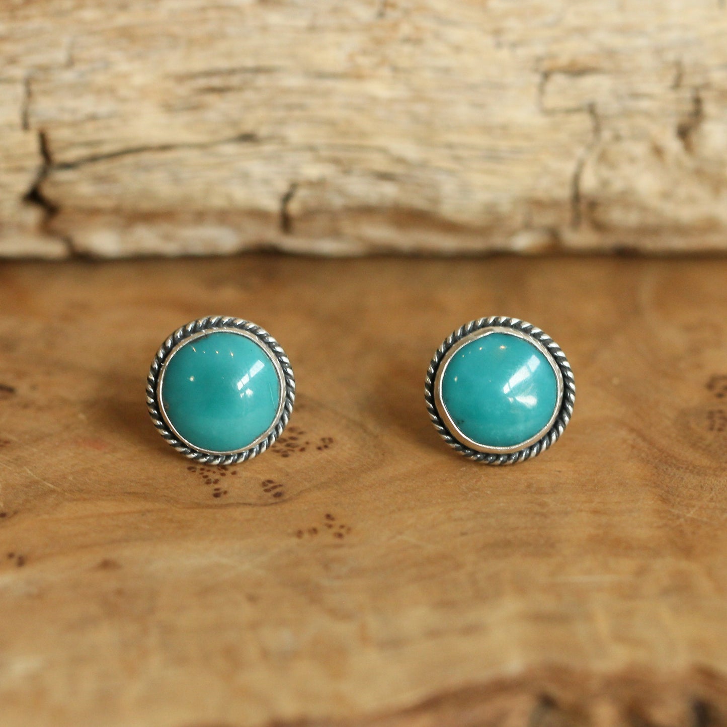 10mm American Turquoise Sterling Silver Stud Earrings – Twist Wire Accent