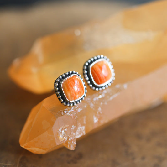 Spiny Oyster Post Earrings - Orange Stud Earrings - Sterling Silver