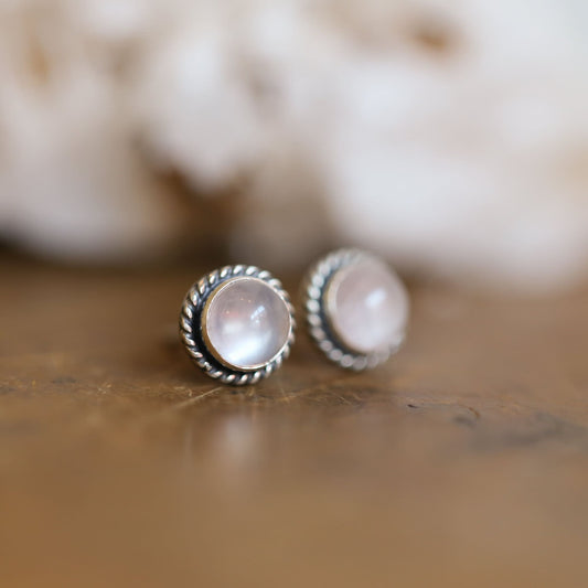 Rose Quartz Stud Earrings – Sterling Silver, Twist Wire Setting