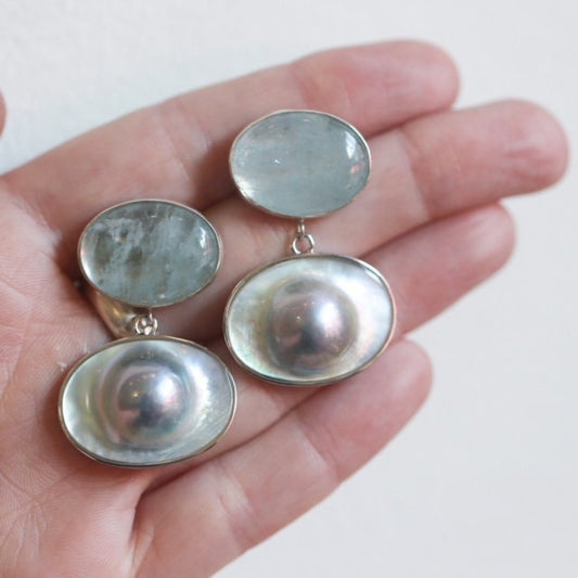 Morganite and Mabe Pearl Drop Earrings - Sterling Silver Aquamarine