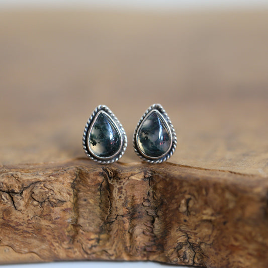Moss Agate Sterling Silver Post Earrings - Pear Cabochons