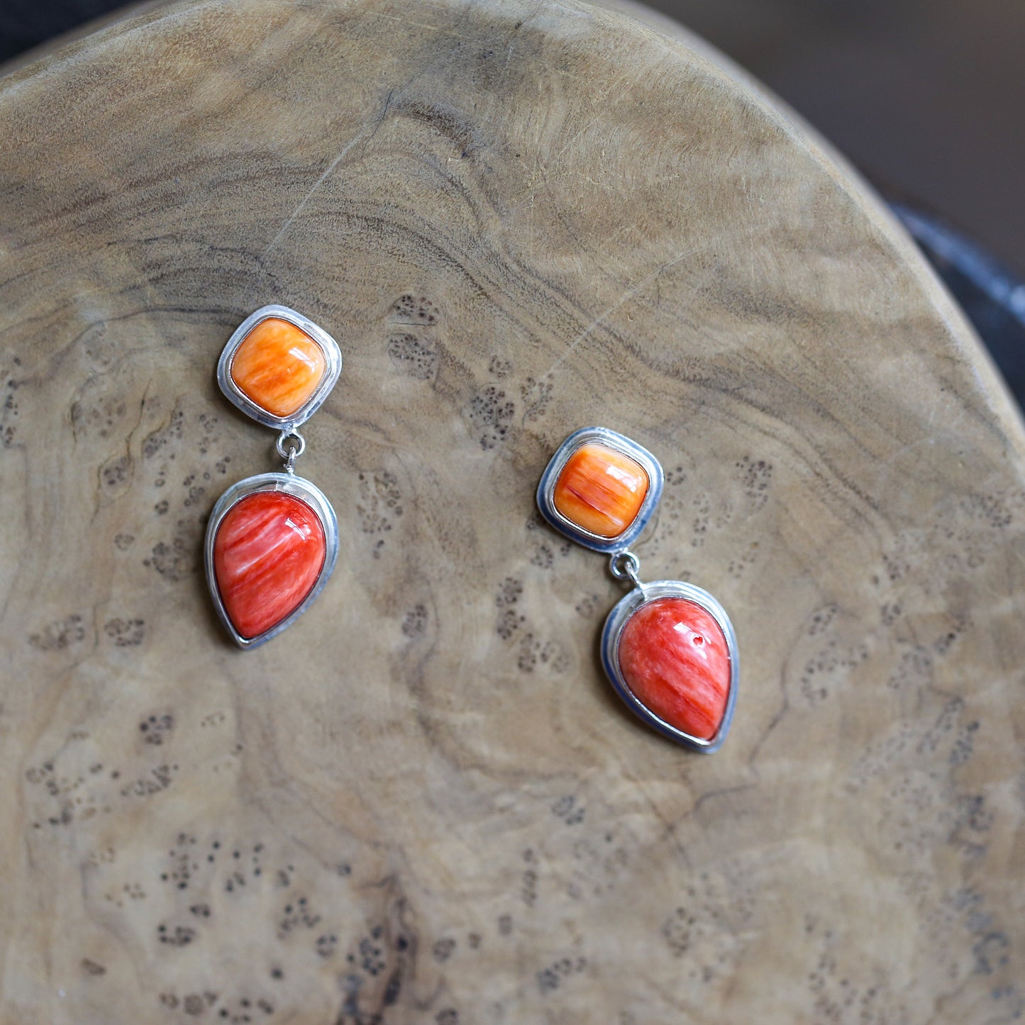 Two-Tone Spiny Oyster Sterling Silver Earrings – Red and Orange Drops