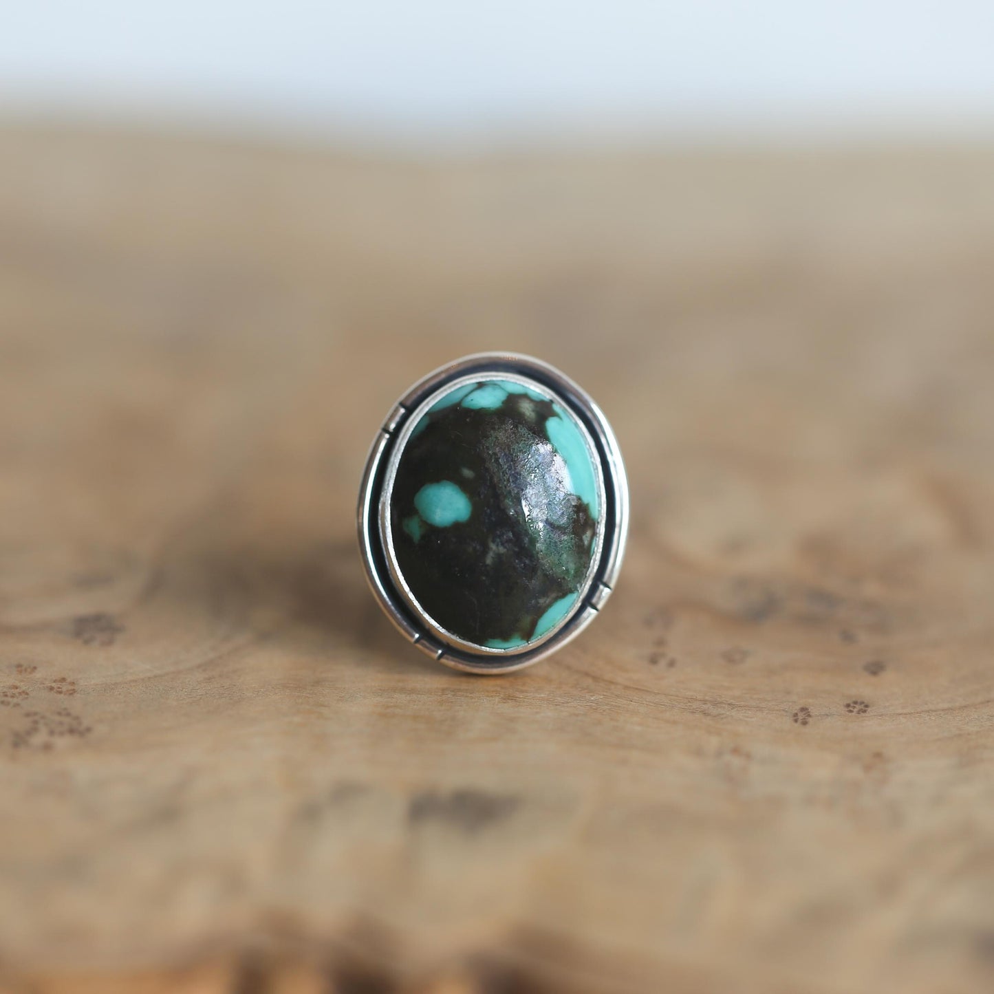 Ready to Ship - Rustic Turquoise Ring - Notched Boho Ring - .925 Sterling Silver - Old Stock Turquoise