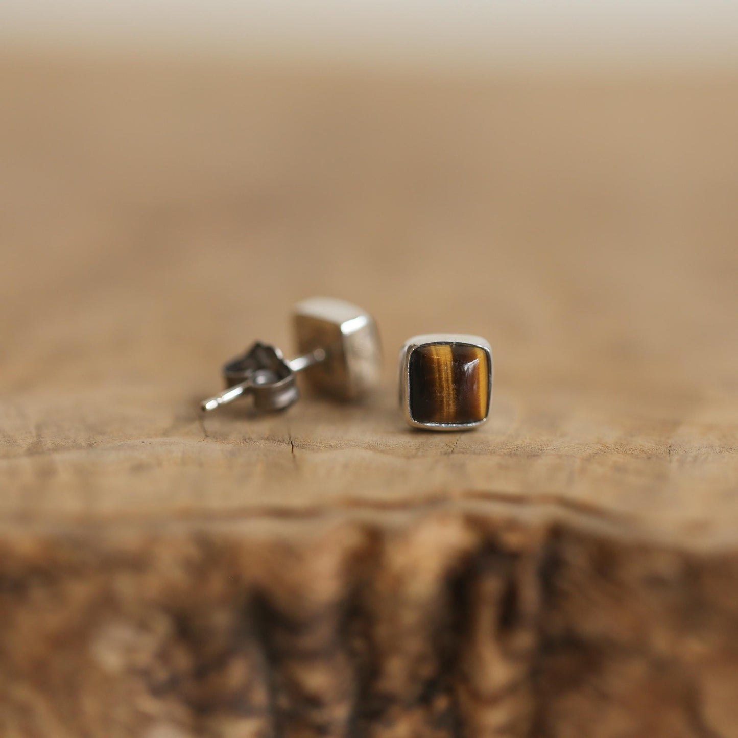Sterling Silver Tigers Eye Studs – Minimalist Square Earrings