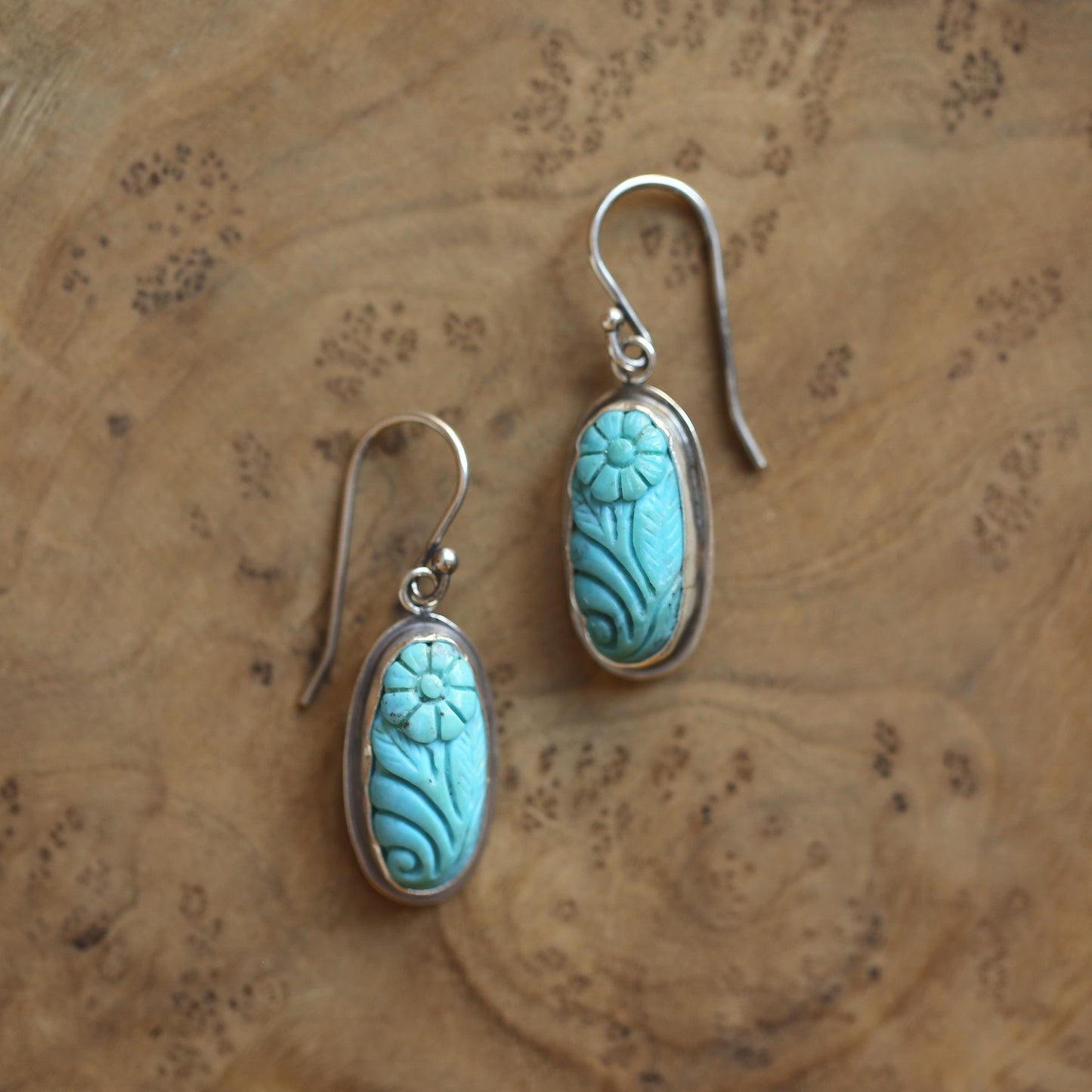 Carved Turquoise Earrings – Floral Sterling Silver Drops