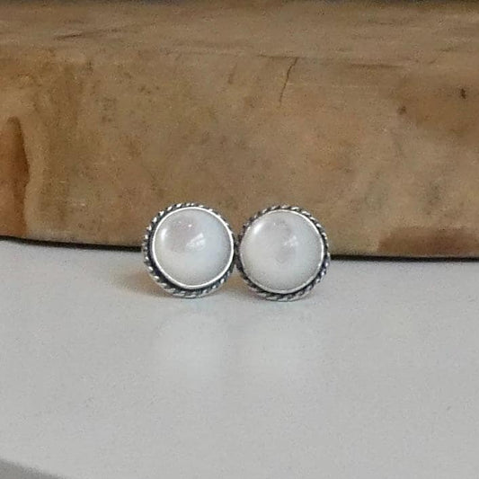 Mother Of Pearl Earrings - 8mm Stone - Traditional Posts - White Nacre Sterling Silver