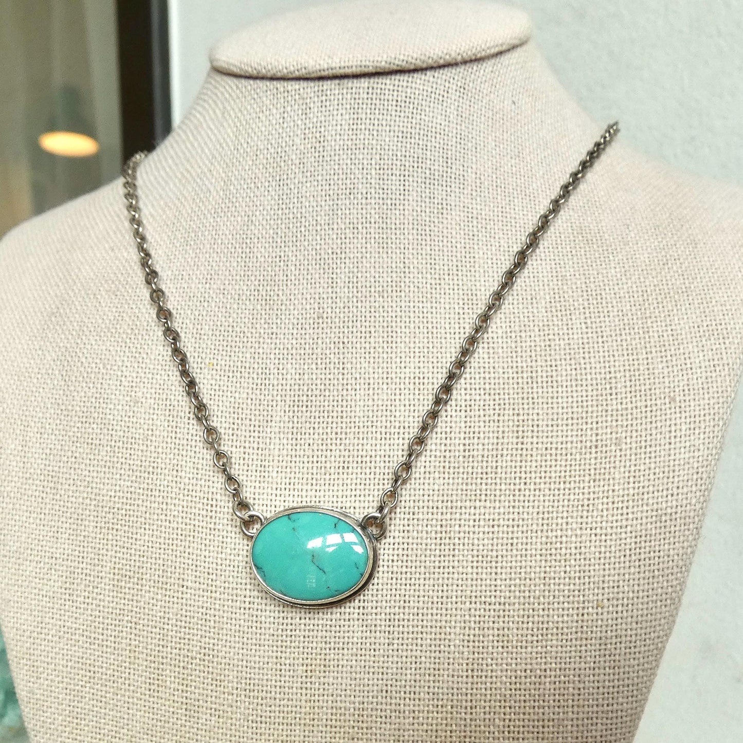 Oval Turquoise Pendant Necklace – Sterling Silver Boho Chain