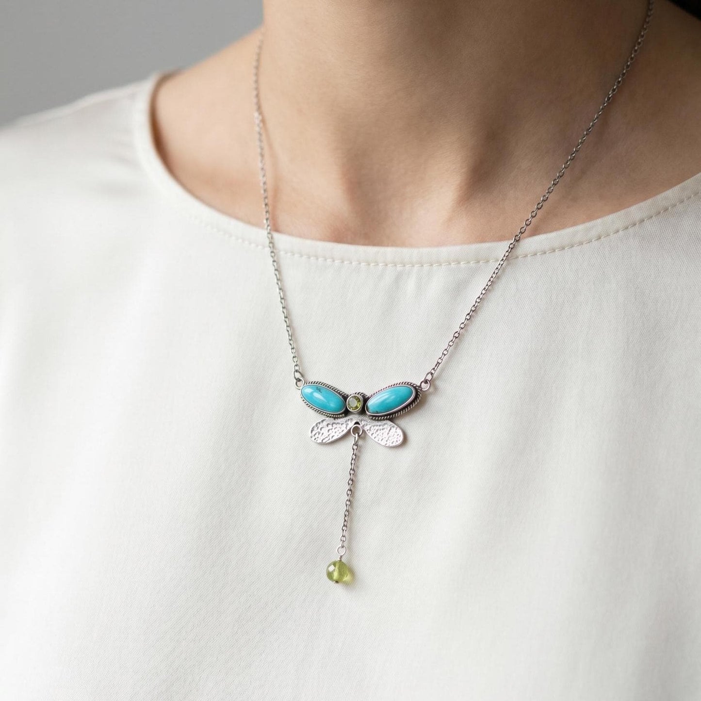 Turquoise Peridot Dragonfly Choker – Sterling Silver Multi-Stone Necklace