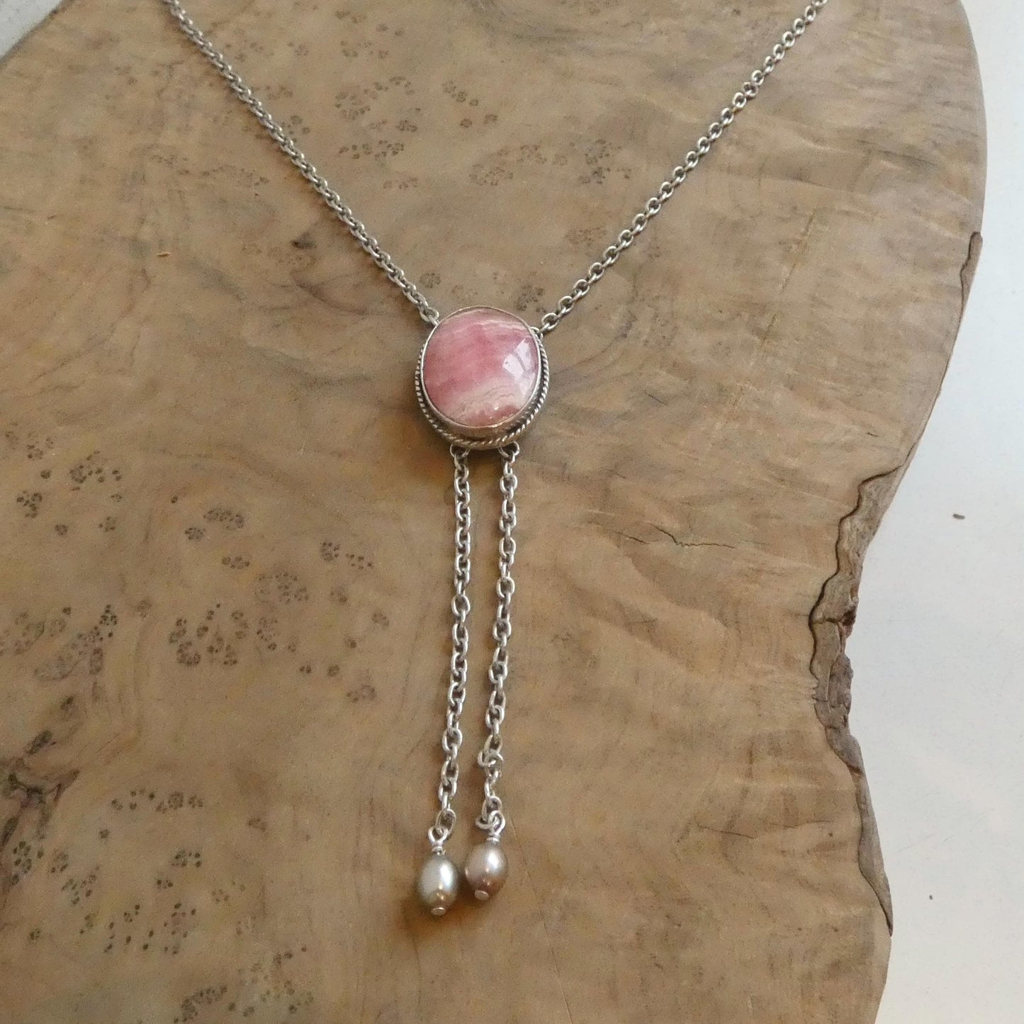 Pink Rhodochrosite Bolo Necklace - Sterling Silver Y Necklace