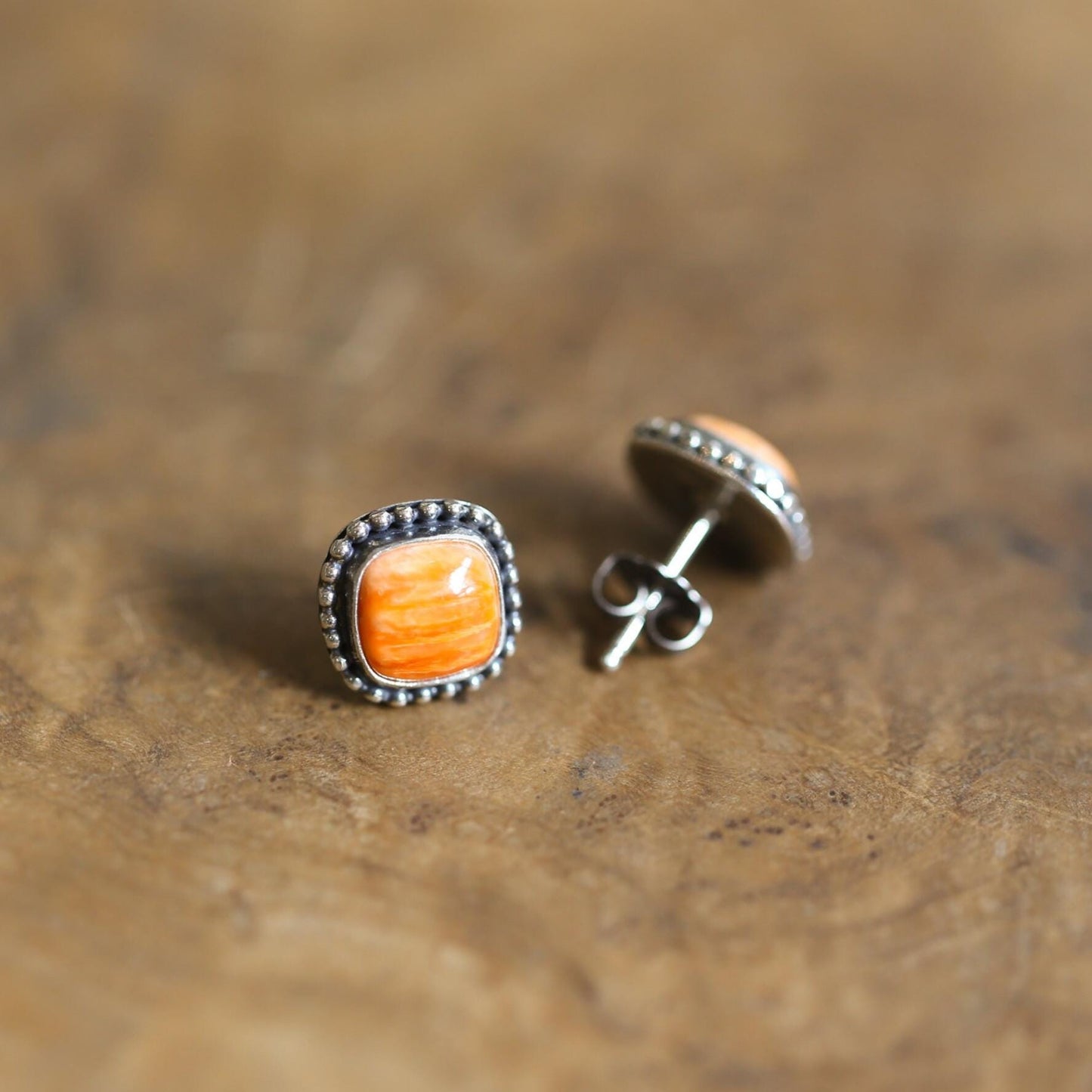 Spiny Oyster Post Earrings - Orange Stud Earrings - Sterling Silver