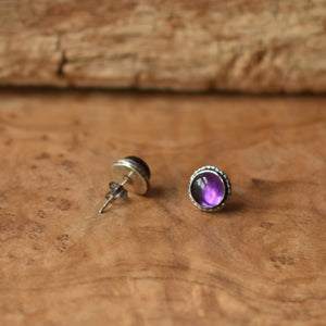 Purple Amethyst Hammered Posts - Purple Amethyst Earrings - .925 Sterling Studs - 8mm Stones - Silversmith