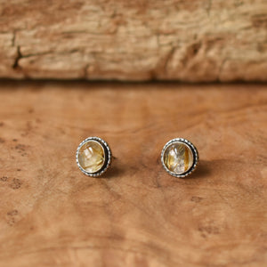 Golden Rutilated Quartz Posts - Hammered Post Earrings - Silversmith Earrings - 8mm Stones