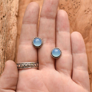 Blue Chalcedony Hammered Posts - Chalcedony Studs - Soft Blue Stud Earrings - Sterling Silver Studs