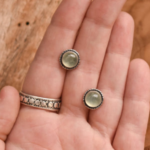 Prehnite Posts - .925 Sterling Silver - Green Post Earrings - Hammered Prehnite Earrings