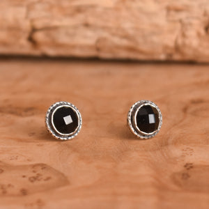Rose Cut Black Onyx Hammered Posts - .925 Sterling Silver - Onyx Studs - Silversmith Posts