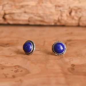 Lapis Lazuli Hammered Posts - .925 Sterling Silver - Silversmith Earrings - Lapis Earrings