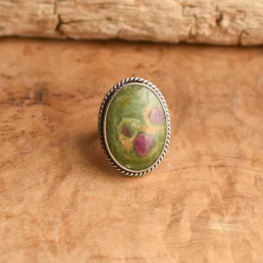 Ready to Ship - Ruby in Fuchsite Ring - Size 7 1/2 - Boho Ring - .925 Sterling Silver - Big Ruby Ring