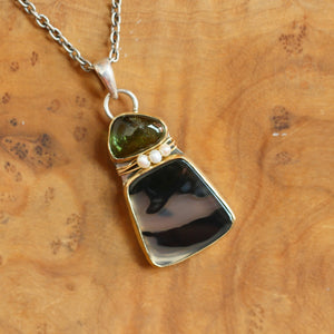 Ready to Ship - Green Tourmaline and Dendritic Agate Pendant - 14K Tourmaline Necklace