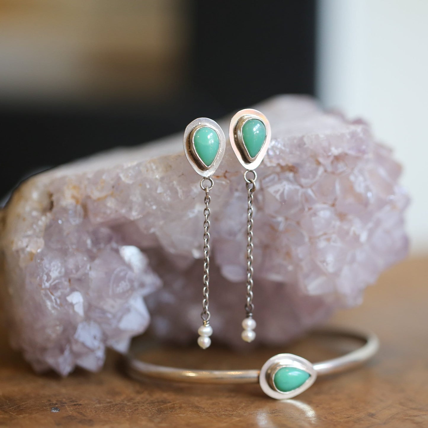 Chrysoprase Posts Pearl Dangles - Chain Drops with pearls - .925 Sterling Silver - Silversmith