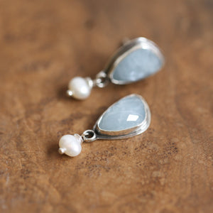Aquamarine Posts - Faceted Aquamarine Earrings - Freshwater Pearls - .925 Sterling Silver
