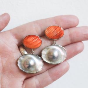 Spiny Oyster and Blister Pearl Earrings - Spiny Oyster Shell Earrings - Orange Red Drop Earrings