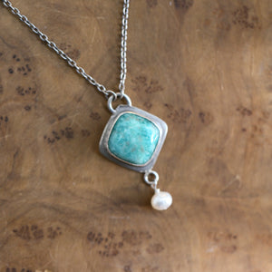 Amazonite Dyna Necklace - Amazonite Pendant Freshwater Pearl Drop - Sterling Silver