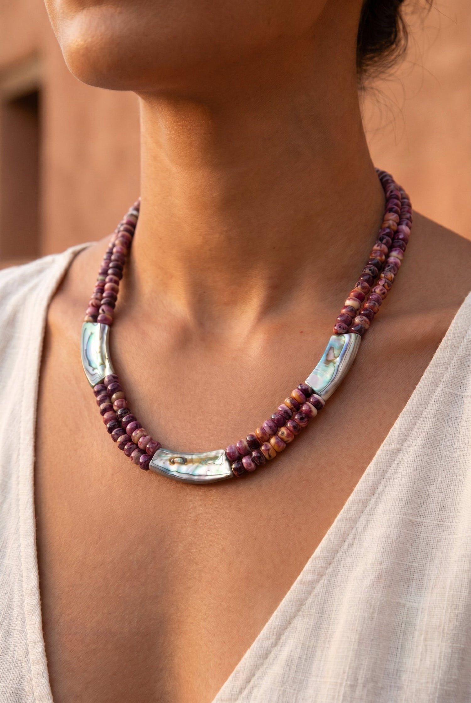 Beaded Necklace - Purple Spiny oyster and Abalone shell