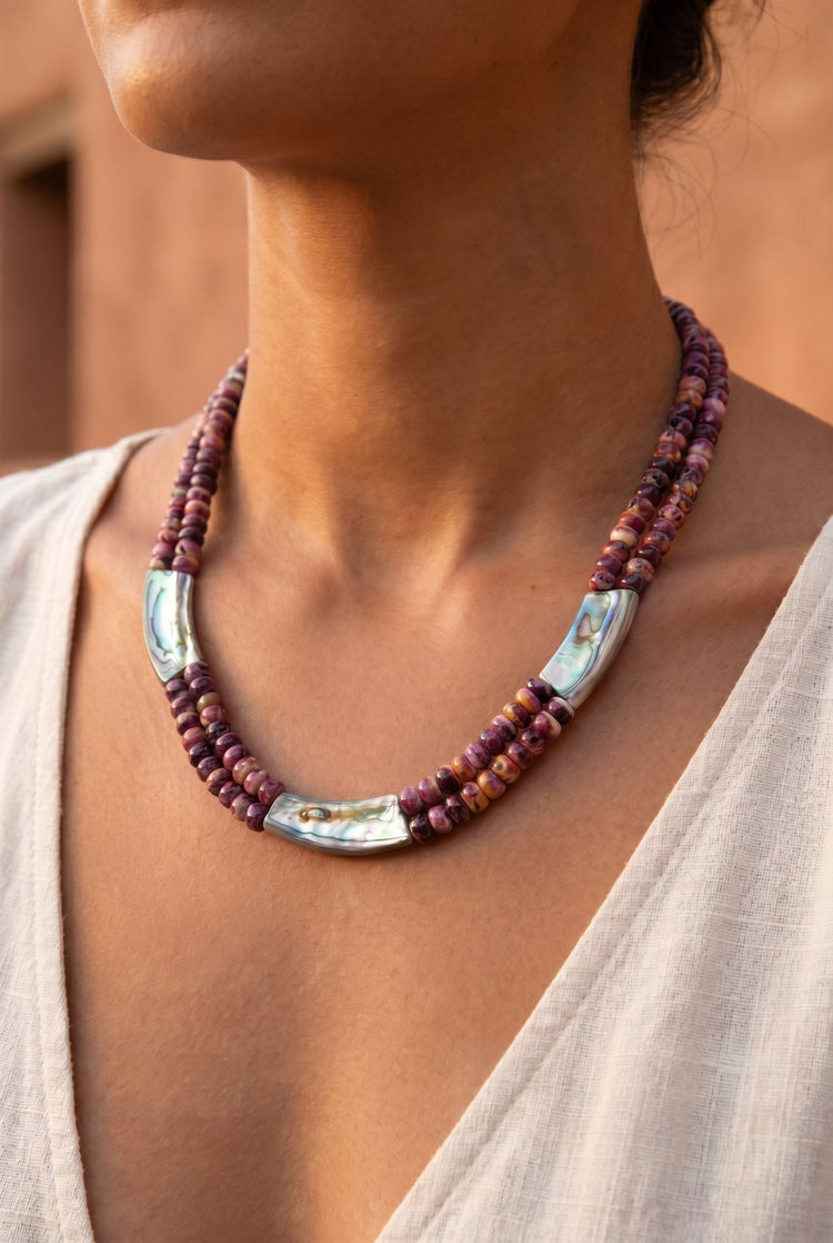 Beaded Necklace - Purple Spiny oyster and Abalone shell