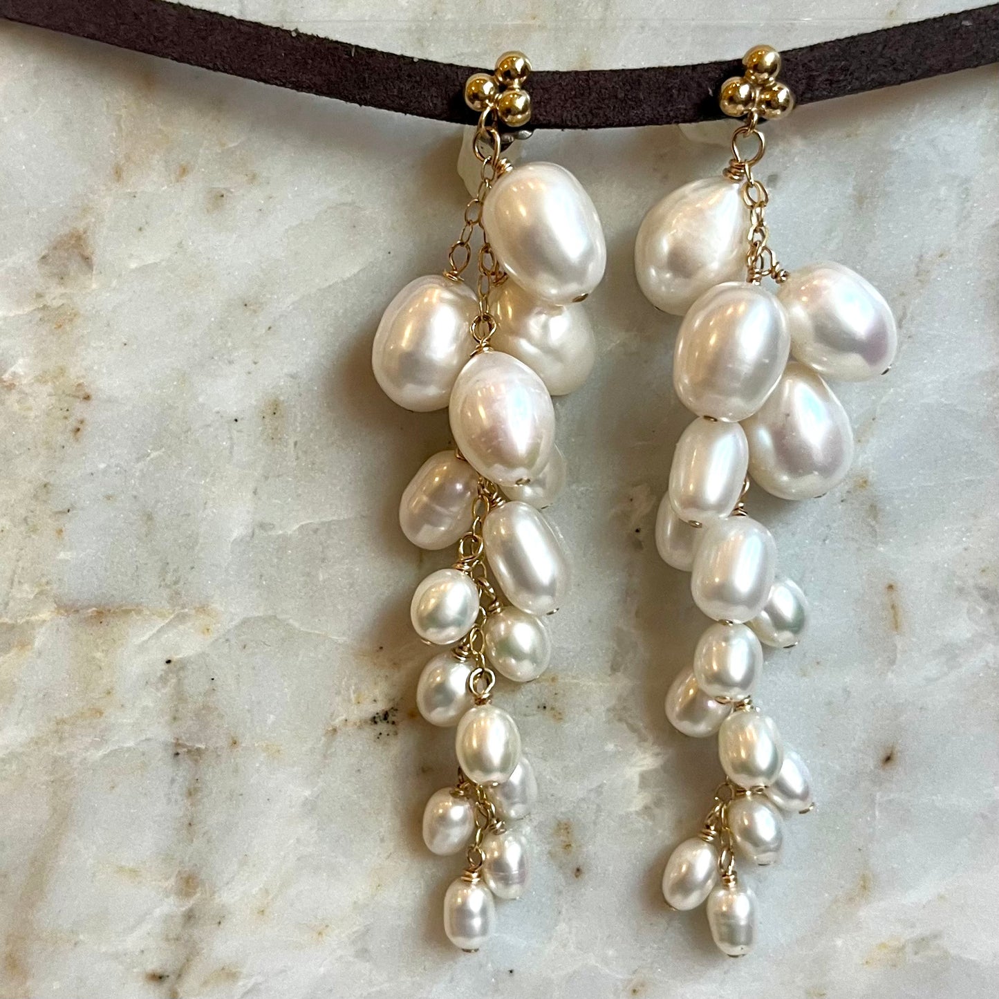 Pearl Cluster Drapes - Long, Drapey Freshwater Pearl Earrings - Handcrafted Sterling Silver Jewelry by Linda Blackbourn