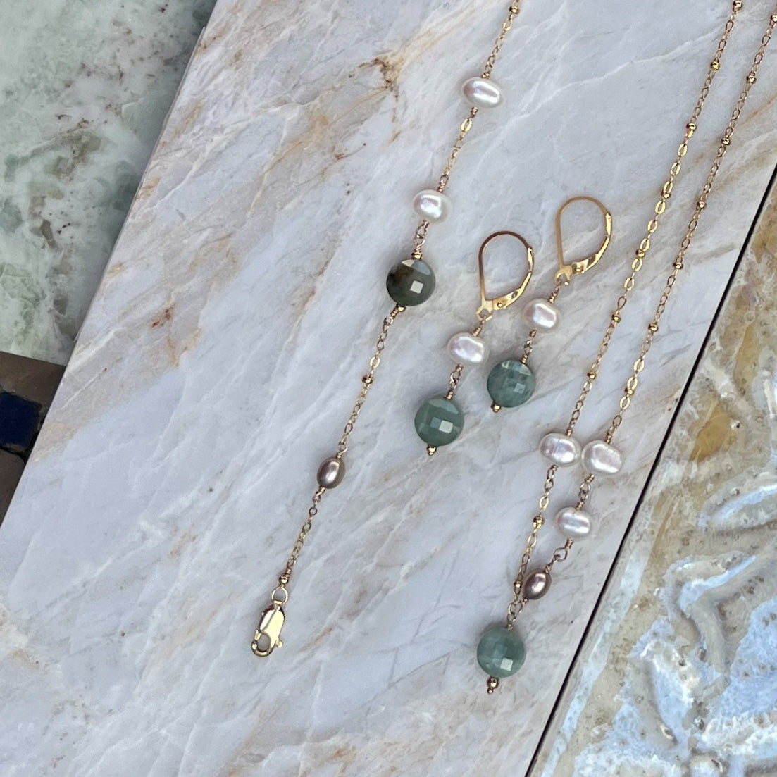 Delicate Sage Necklace - Burma Jade Freshwater Pearl Necklace - 14K Gold Filled - Handcrafted Sterling Silver Jewelry by Linda Blackbourn