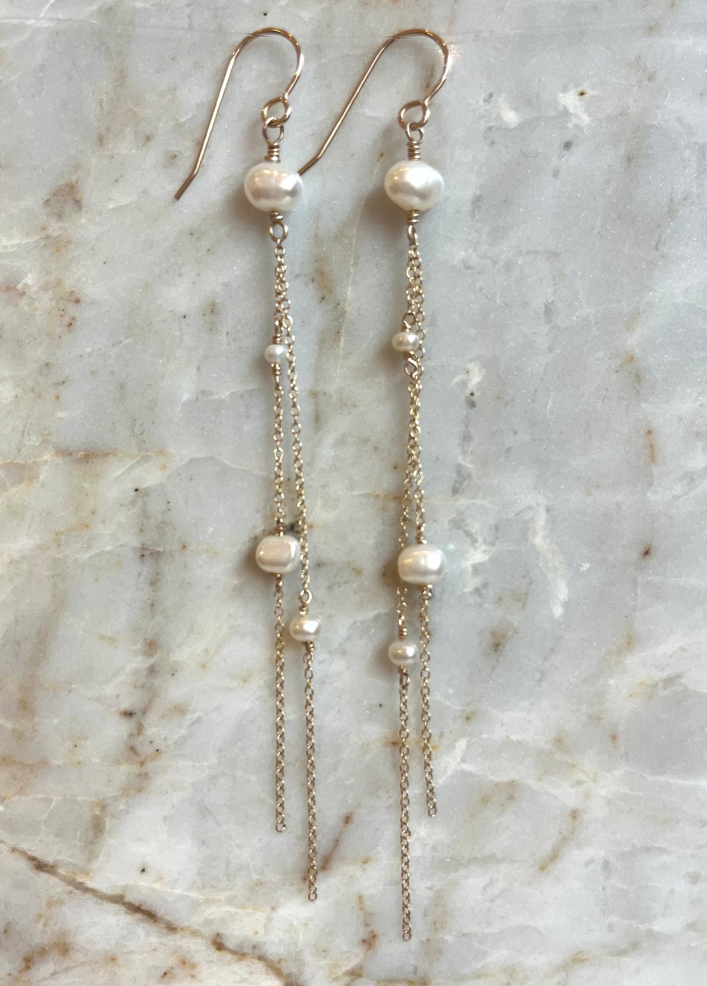 Long Whispers - Long Freshwater Pearl Nugget Earrings - 14KTGF - Handcrafted Sterling Silver Jewelry by Linda Blackbourn
