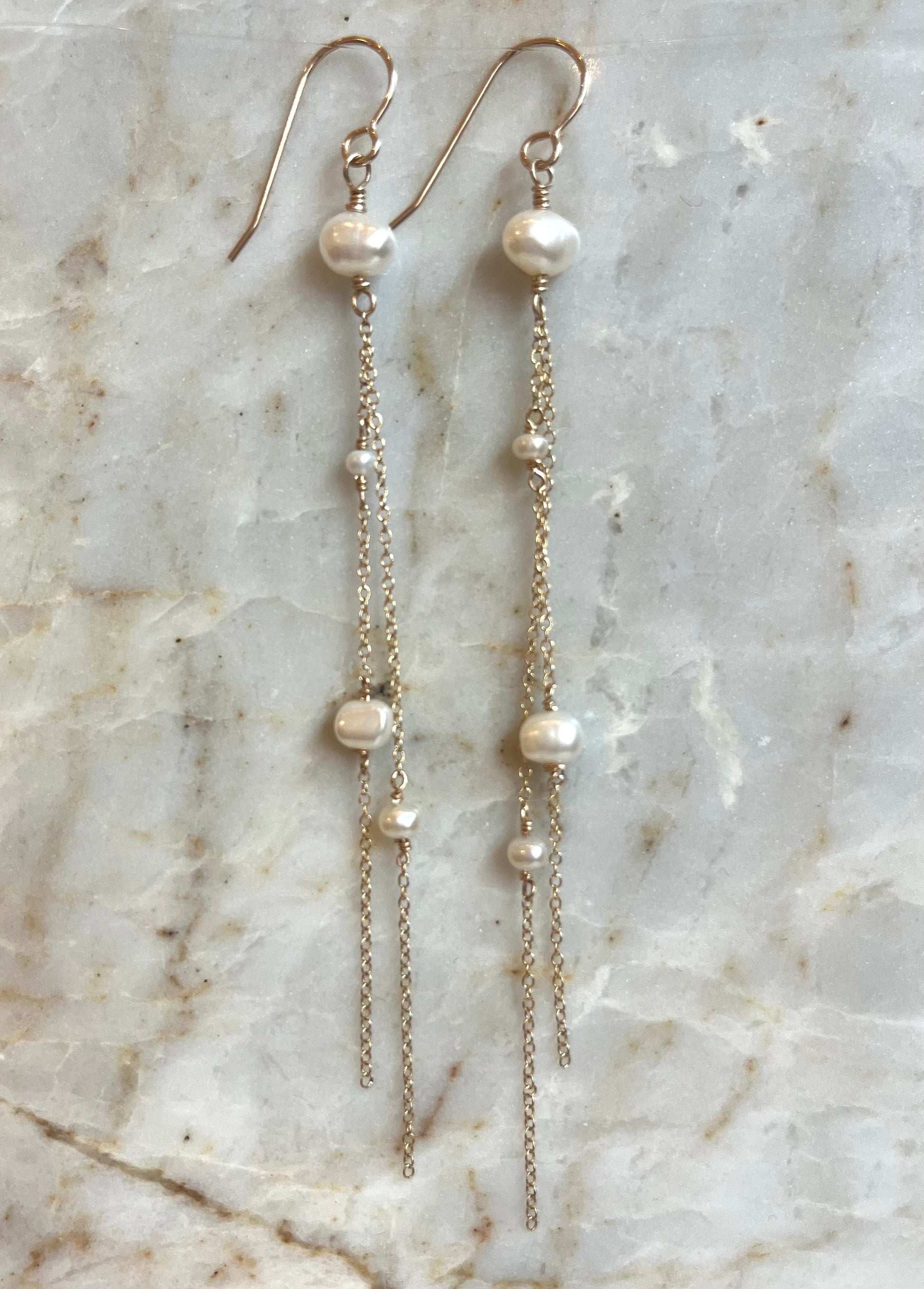 Long Whispers - Long Freshwater Pearl Nugget Earrings - 14KTGF - Handcrafted Sterling Silver Jewelry by Linda Blackbourn