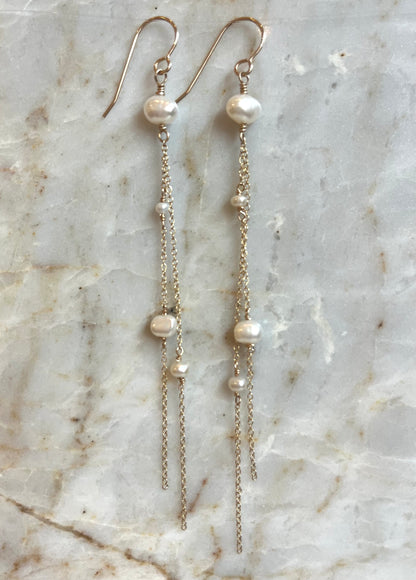 Long Whispers - Long Freshwater Pearl Nugget Earrings - 14KTGF - Handcrafted Sterling Silver Jewelry by Linda Blackbourn
