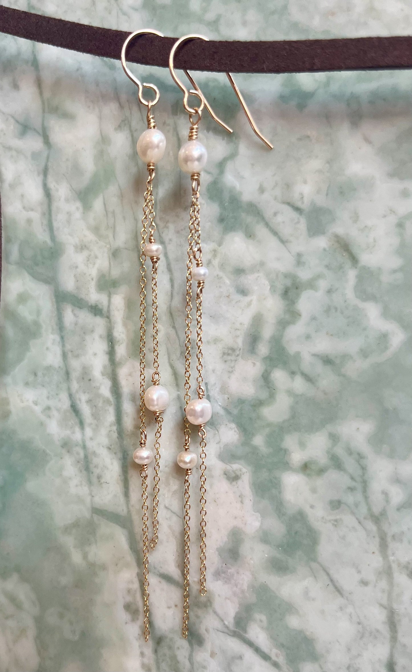 Long Whispers - Long Freshwater Pearl Nugget Earrings - 14KTGF - Handcrafted Sterling Silver Jewelry by Linda Blackbourn
