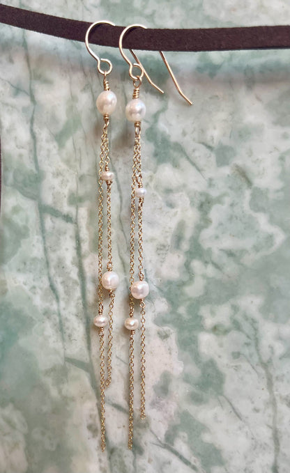 Long Whispers - Long Freshwater Pearl Nugget Earrings - 14KTGF - Handcrafted Sterling Silver Jewelry by Linda Blackbourn