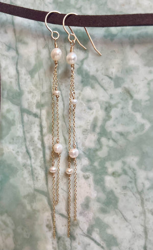 Long Whispers - Long Freshwater Pearl Nugget Earrings - 14KTGF