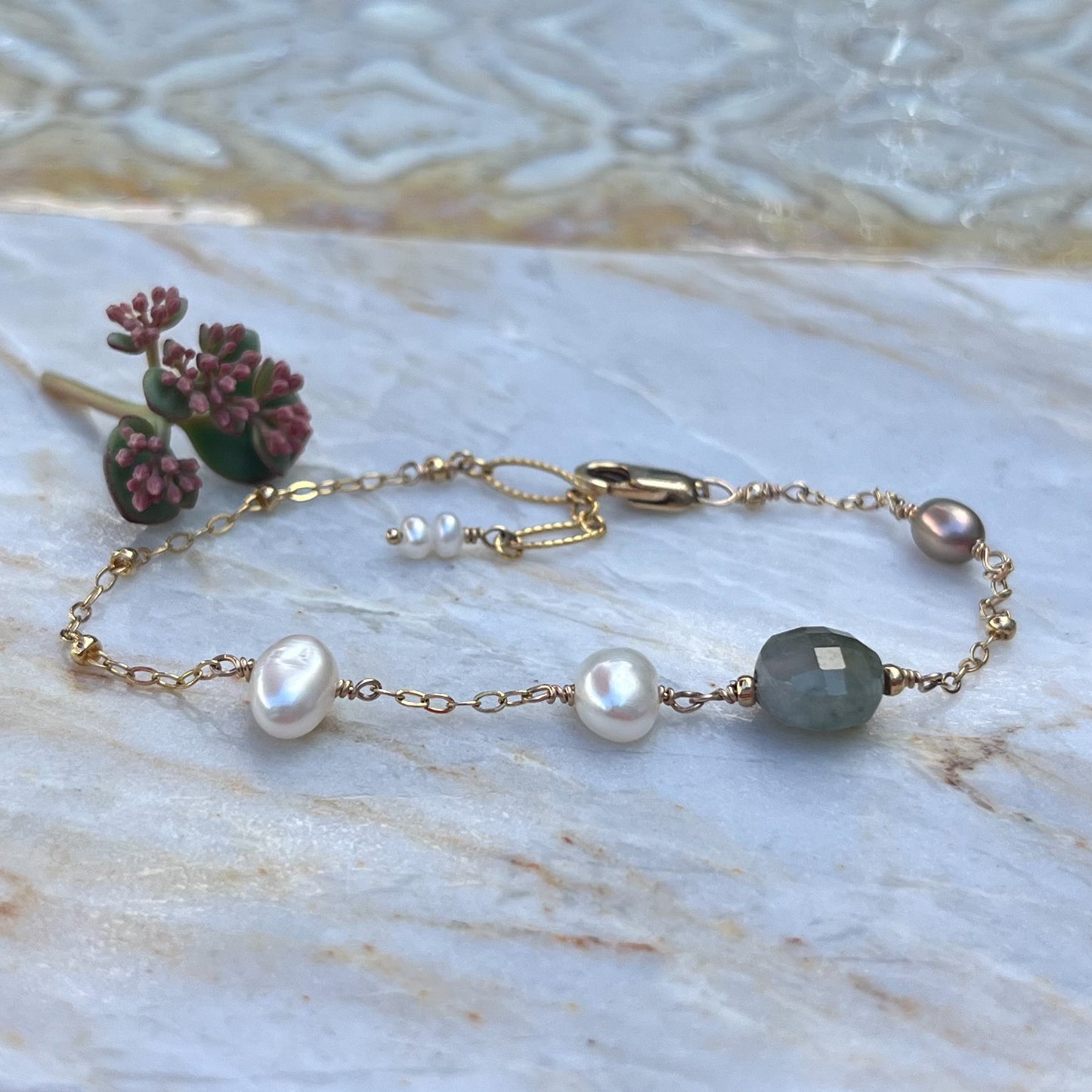 Delicate Sage Necklace - Burma Jade Freshwater Pearl Necklace - 14K Gold Filled - Handcrafted Sterling Silver Jewelry by Linda Blackbourn
