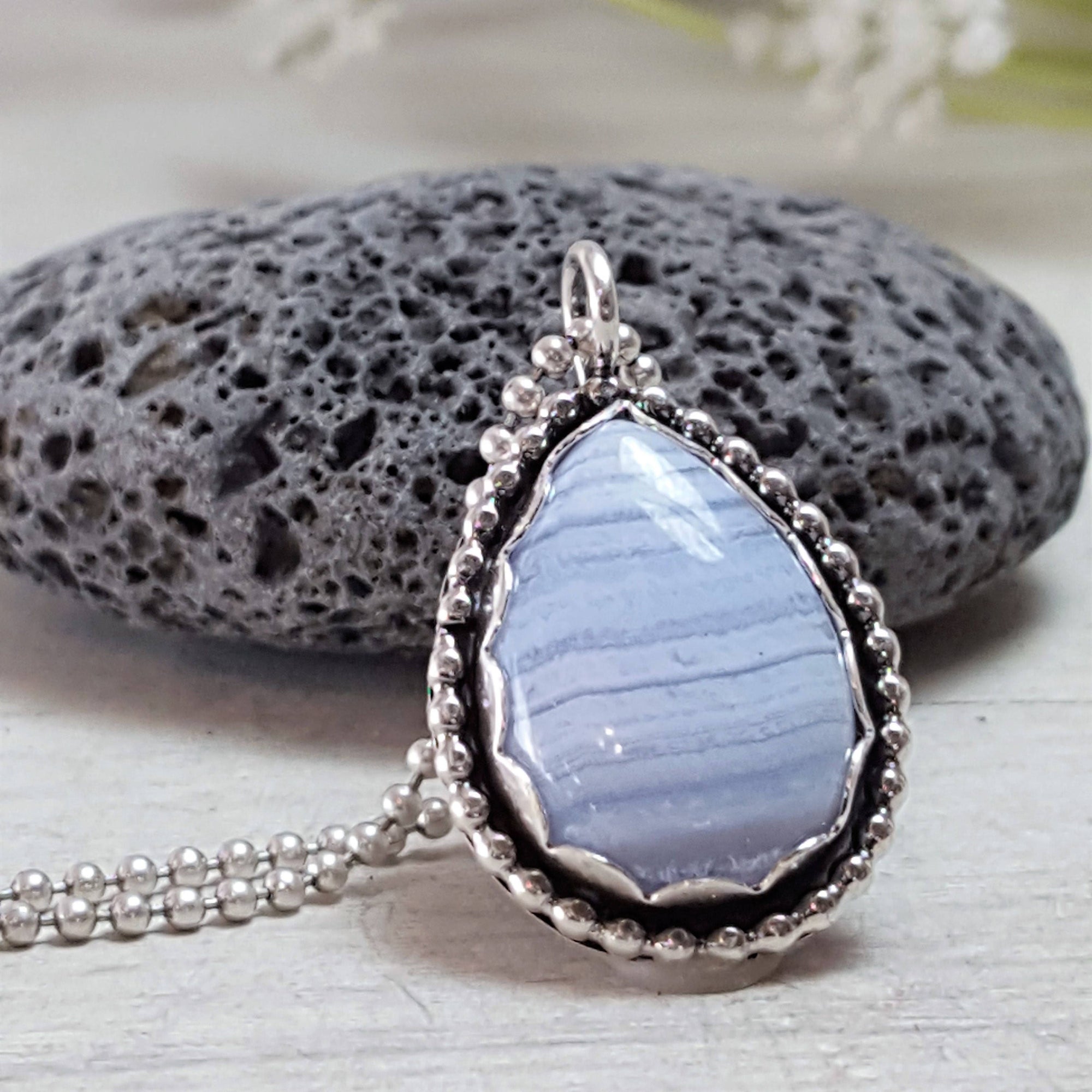 Purple Lace Agate Teardrop Pendant - Blue Lace Agate -Sterling Silver
