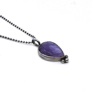 READY TO SHIP - Charoite Pendant - Charoite Necklace - Upside down Teardrop - Silversmith