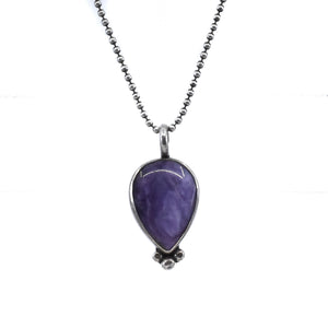 READY TO SHIP - Charoite Pendant - Charoite Necklace - Upside down Teardrop - Silversmith