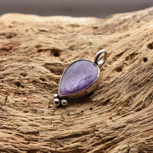 READY TO SHIP - Charoite Pendant - Charoite Necklace - Upside down Teardrop - Silversmith