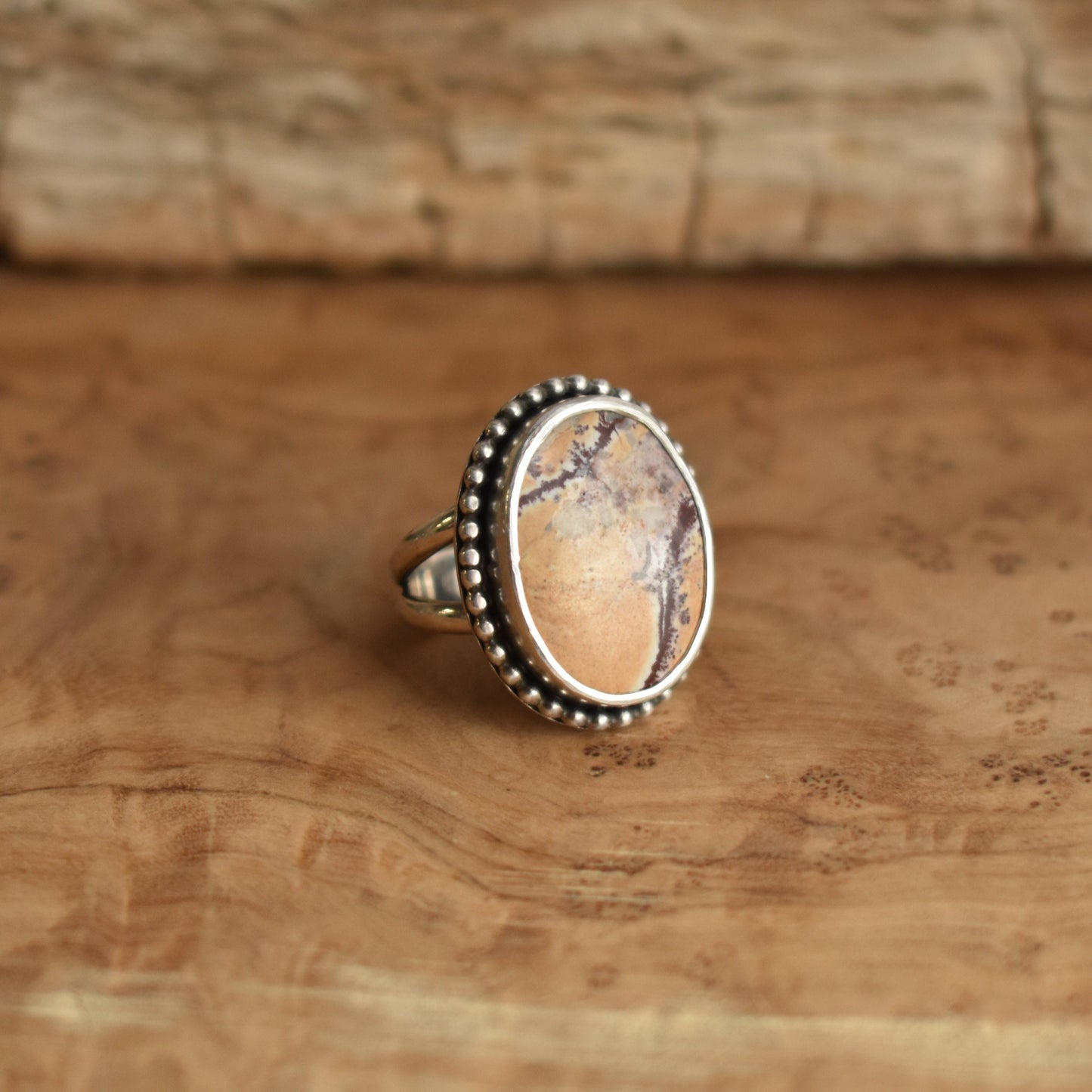 Sonora Jasper Sterling Silver Ring – Beaded Boho Silversmith Design