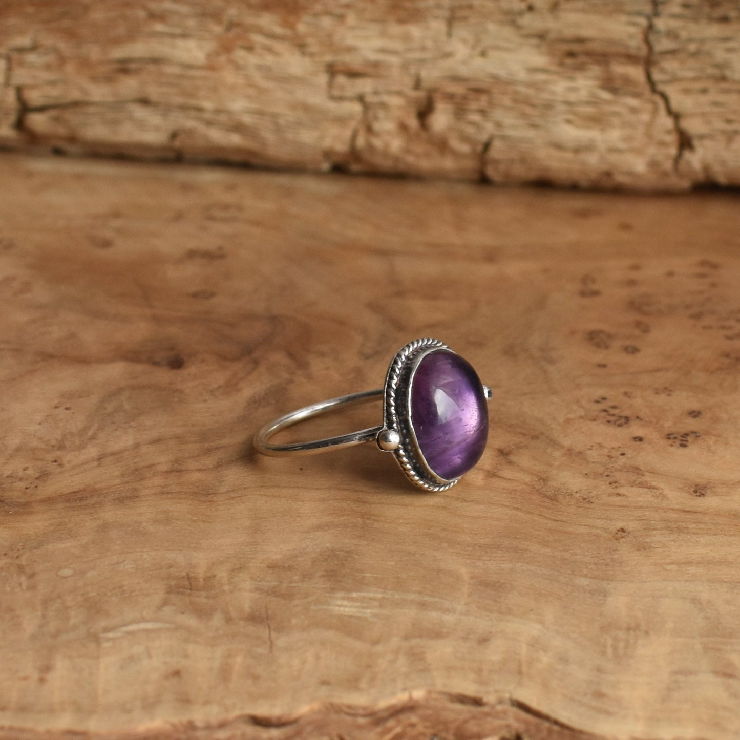 Dainty Amethyst Ring – Sterling Silver, Oval Cabochon