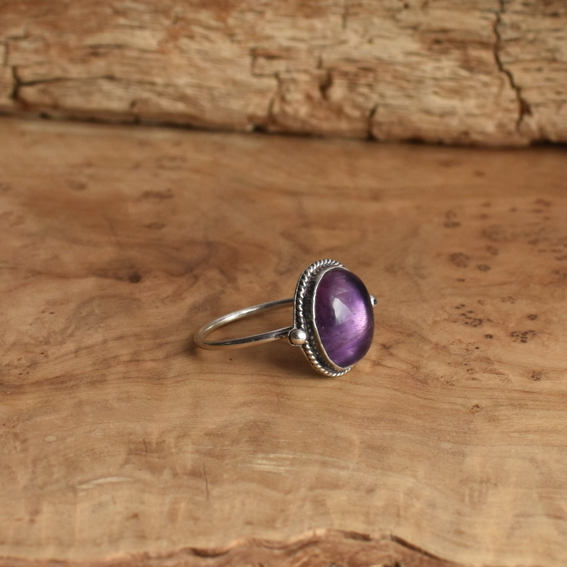 Dainty Amethyst Ring – Sterling Silver, Oval Cabochon