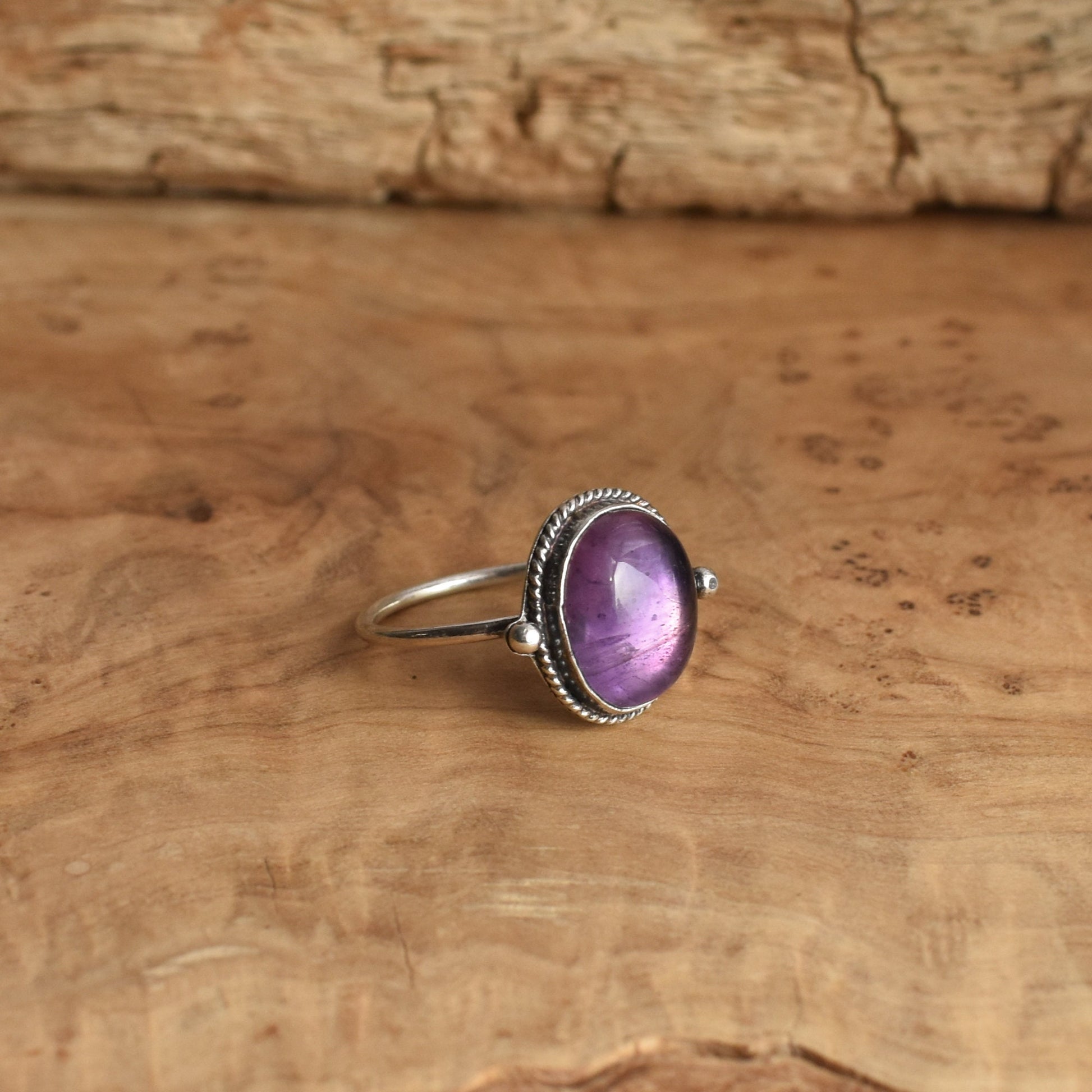 Dainty Amethyst Ring – Sterling Silver, Oval Cabochon