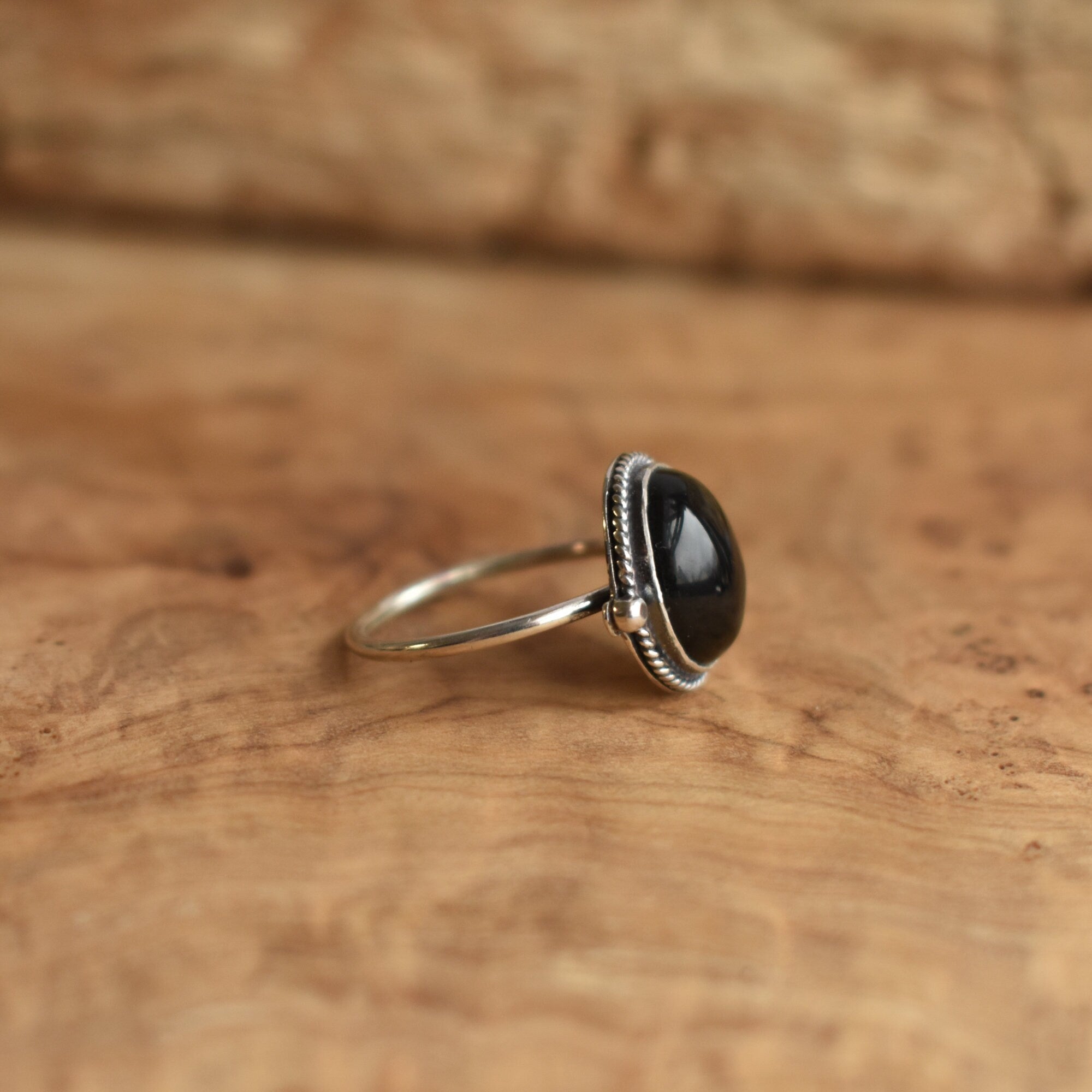 Black Onyx Delica Ring - Dainty Silversmith Ring - Black Onyx Stacking Ring