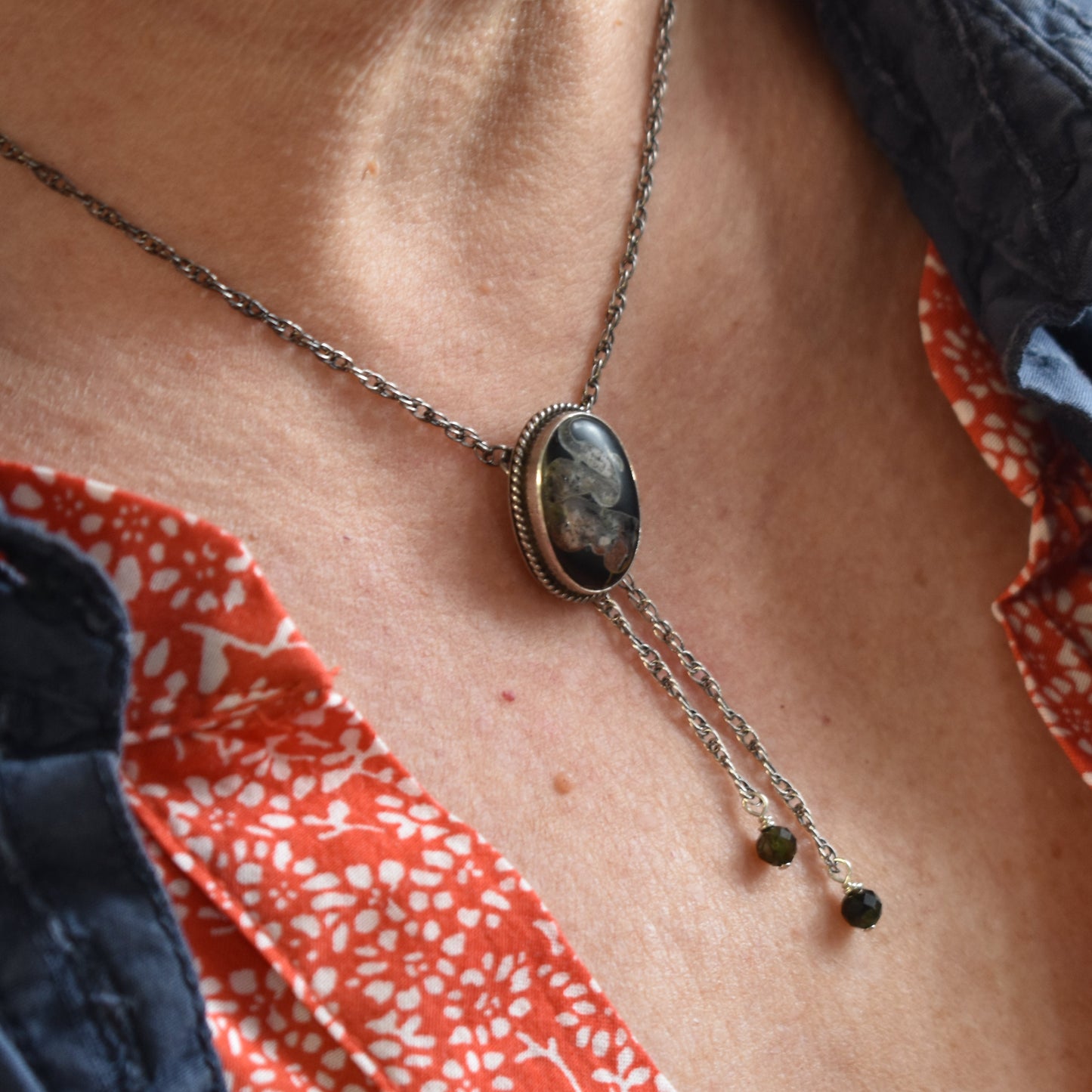 Black Fossil Bolo Necklace - Choose Your Stone - Sterling Silver