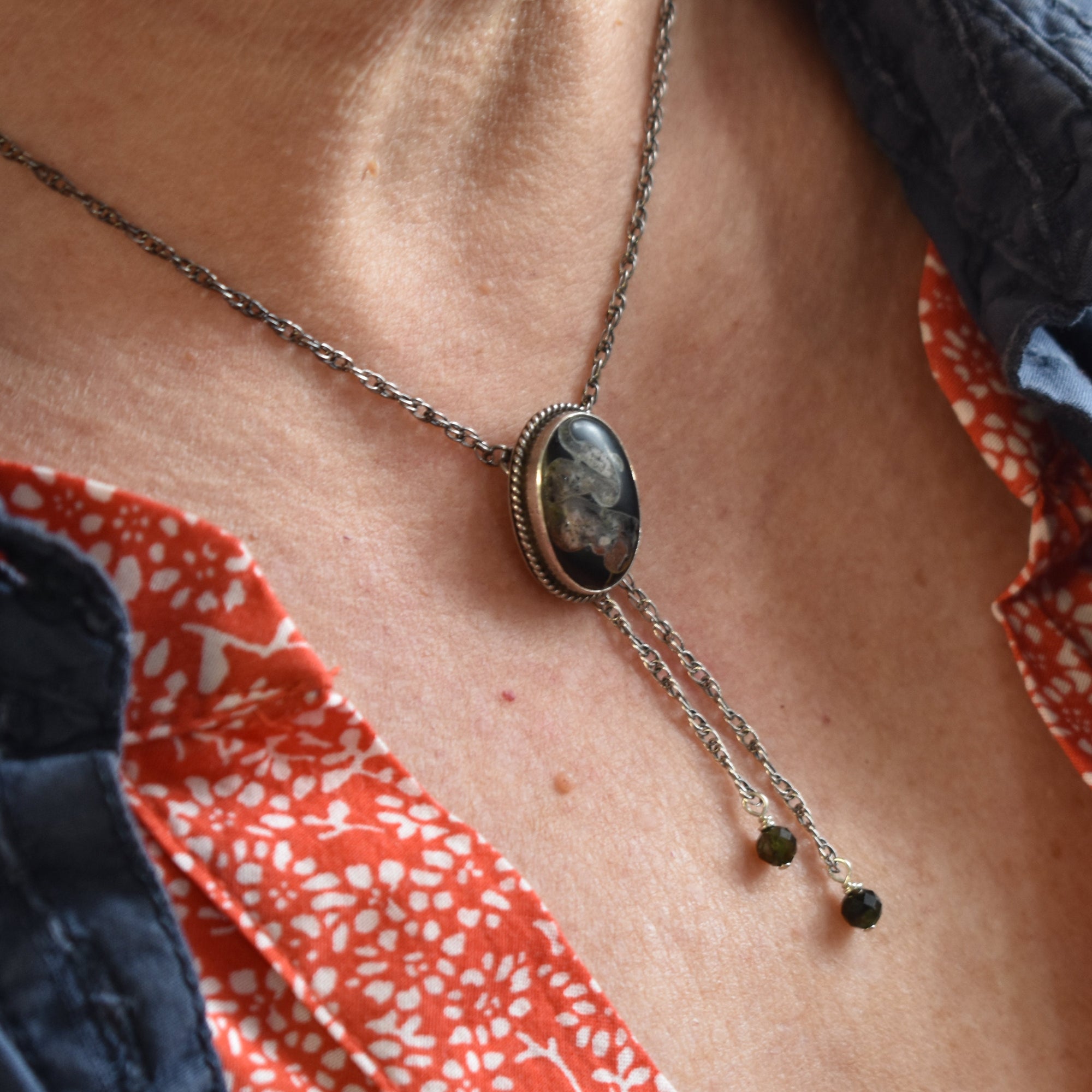 Black Fossil Bolo Necklace - Choose Your Stone - Sterling Silver