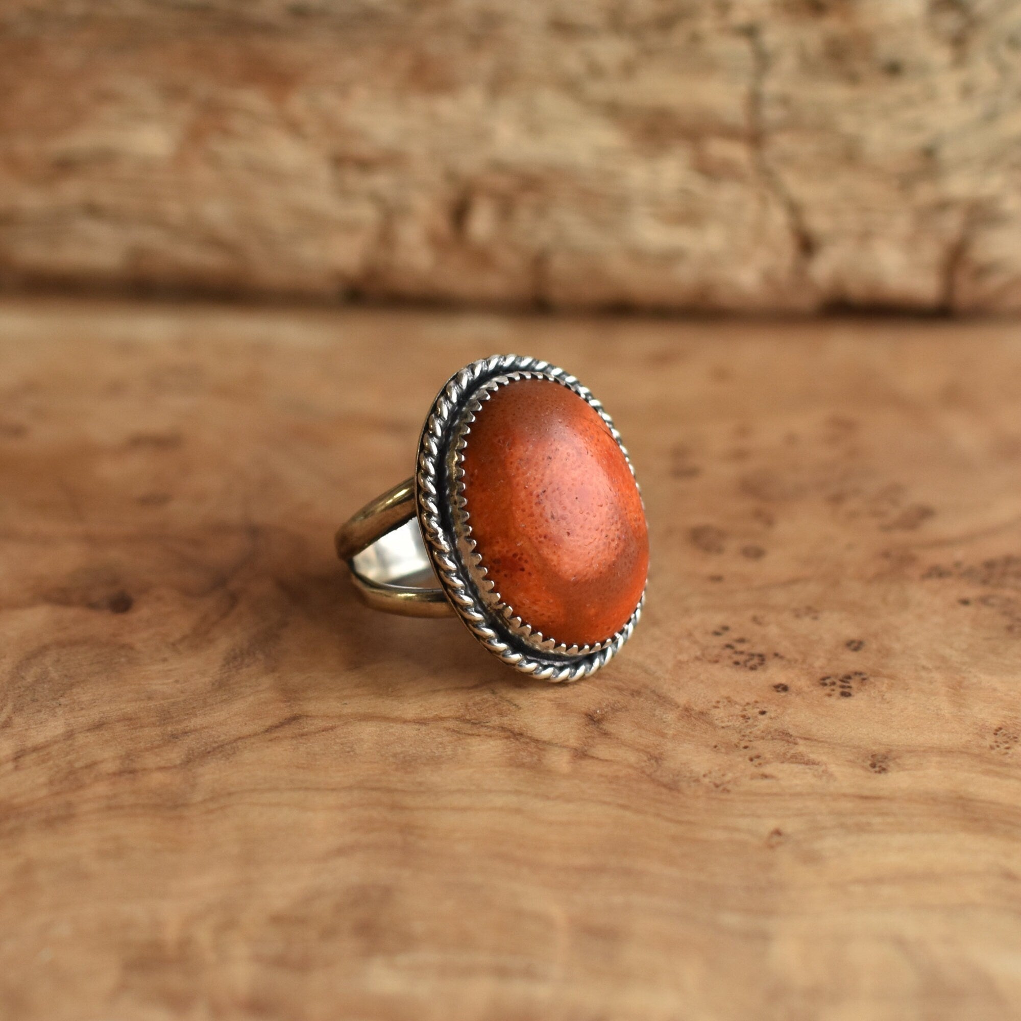 Red Sponge Coral Boho Ring - Silversmith Ring - Boho Red Coral Ring